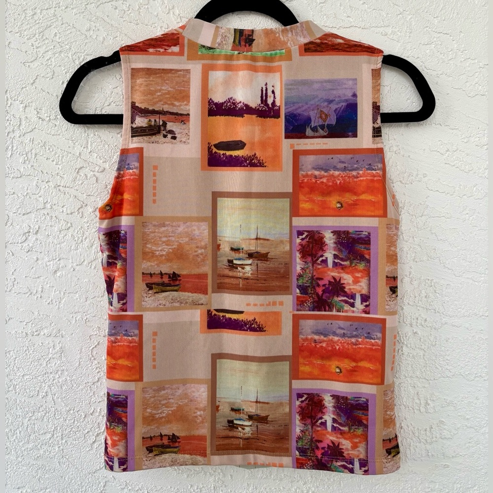 33 Coastal Mesh High Neck Colorful Beach Scene Graphic Tank Top Medium - Picture 12 of 12